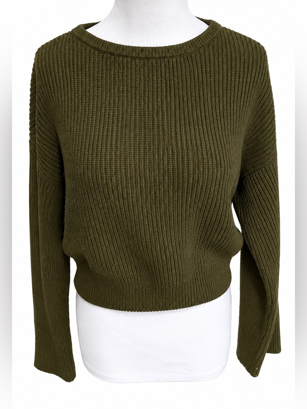 Olive Green Ribbed Crewneck Sweater - Women's Scoop Neck Small